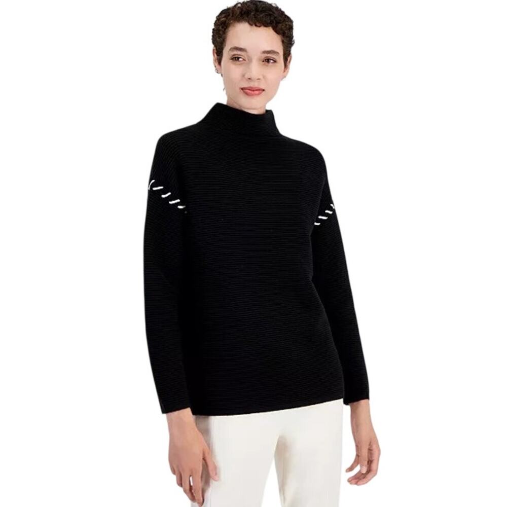 T Tahari Whipstitched Ribbed Drop-Shoulder Sweater